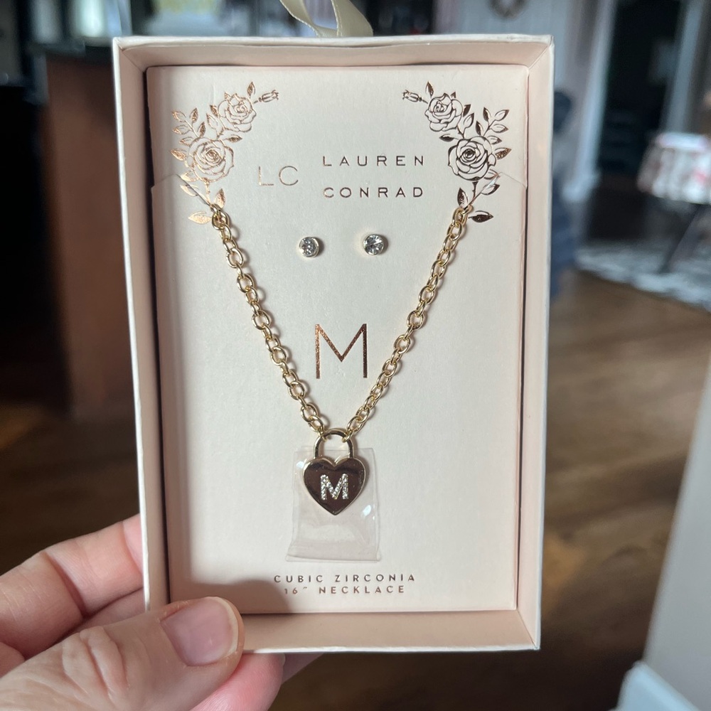 Lauren Conrad Monogram M heart design necklace with dainty stud earrings.